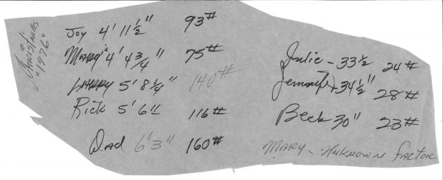 For Christmas 1972, the family documented the height and weight of all the kids—including the parents! Note that dad was 6'3