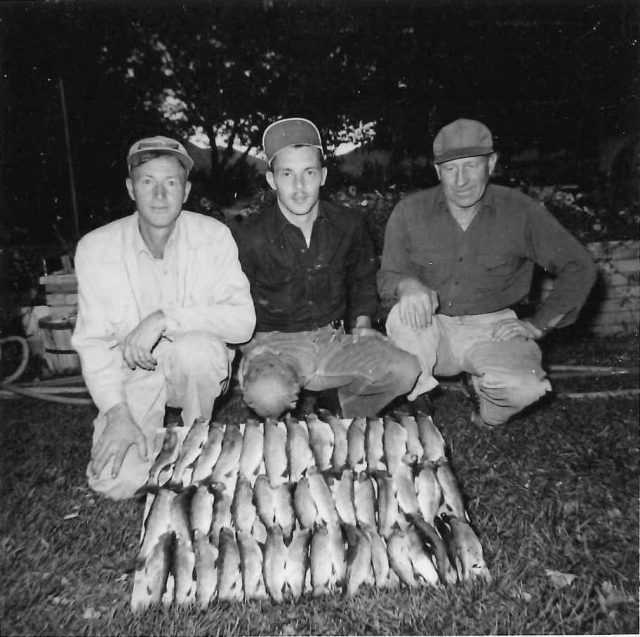Lynn Richman fishing in April 1958. Left to right: Ray Ottley, Lynn, Loren (or Arlin) Wheeler