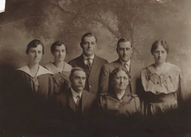 Front row: William Calhoun Combs and Lucretia Melissa Miller in 1918. Back row (left to right): Bessie, Dora, William Thomas (just returned from World War I), Averill, and Elizabeth